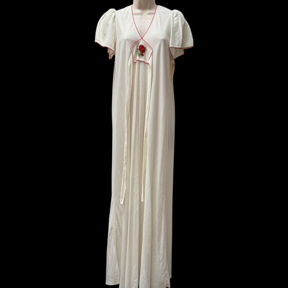 Vintage 1970s White Dress Rose Embroider Prairie Flutter Sleeve Nightgown Tie - Picture 3 of 16